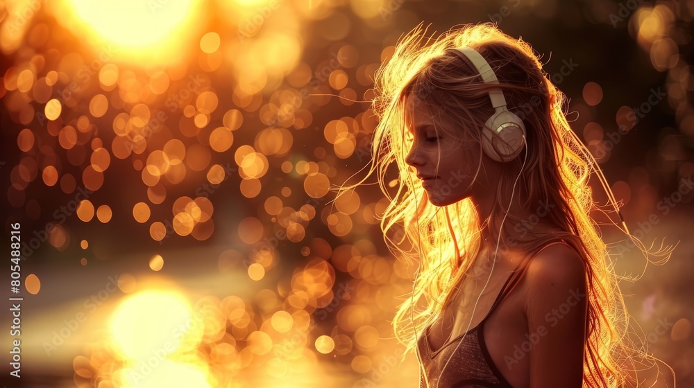   A young girl, wearing headphones, stands before a radiant backdrop Foreground features softly focused lights