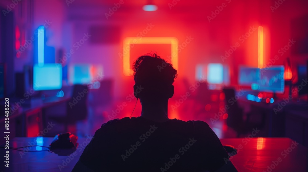   A person occupies a desk in a dimly lit room, where red and blue light emanates from the ceiling A computer sits before them