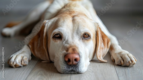  A close-up of a dog lying on the floor, its head rested on the floor, eyes open