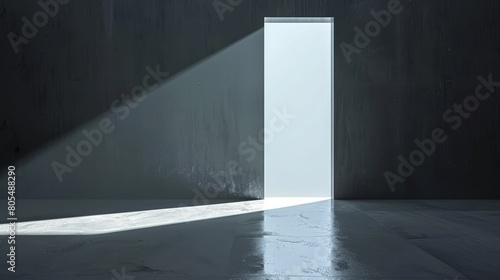   An open door in a dark room A bright light shines from the room s end  casting a shadow on the floor