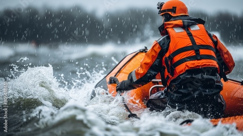   A man, clad in an orange life jacket, floats atop a raft amidst a body of water on an overcast day © Jevjenijs