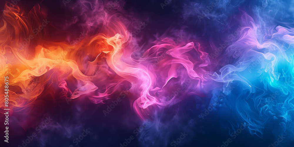 Glowing abstract background. Bright smooth luminous lines concept poster. Glowing smoke decorative horizontal banner. Digital raster bitmap illustration. AI artwork.