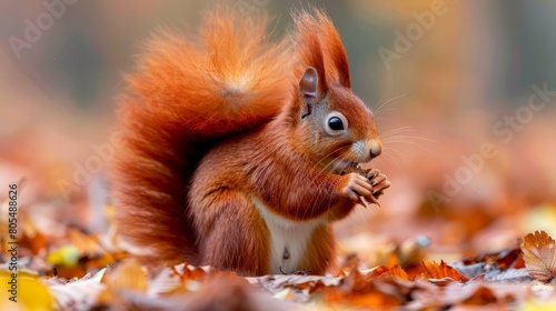  A tight shot of a squirrel nibbling on a nut against a backdrop of leafy foliage and an indistinct ground