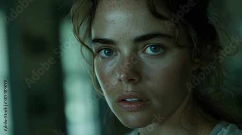   A tight shot of a woman's freckled face, her expression serious © Jevjenijs