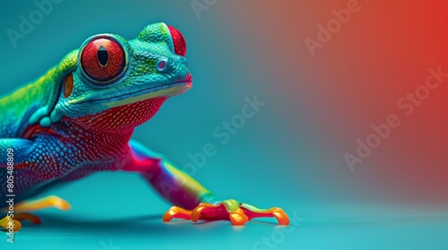   A tight shot of a vivid frog against a blue backdrop  displaying a red-eyed frog perched on its back legs