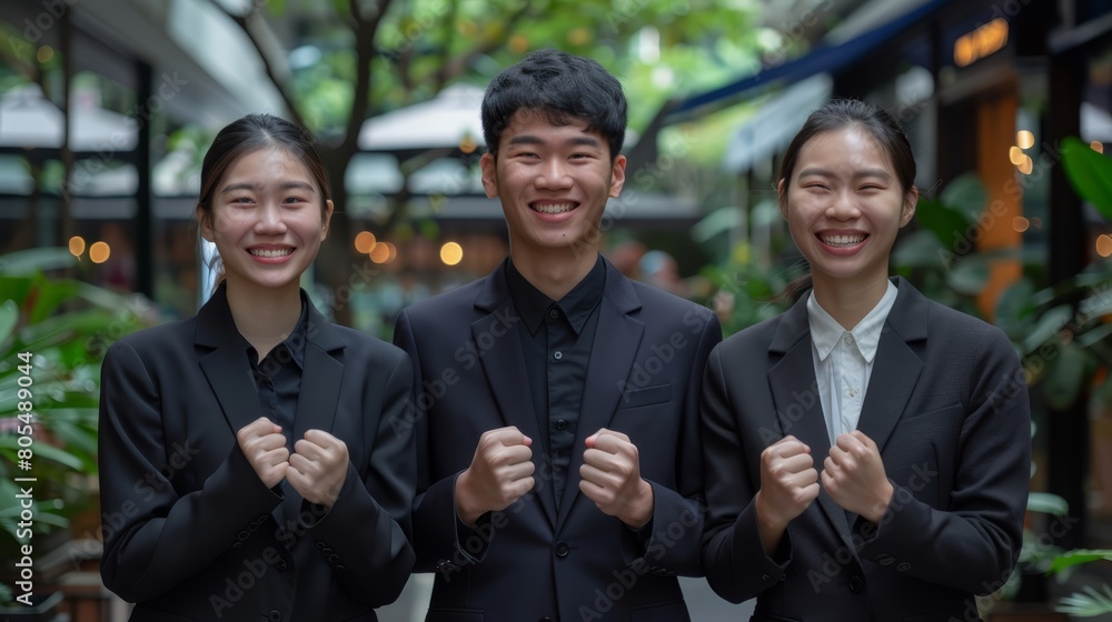 Three people, hands raised and smiling towards the camera Three people, hands raised and smiling towards the camera
