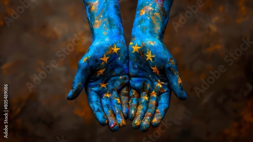   A pair of hands  painted blue and gold  adorned with stars  cover a star-studded body