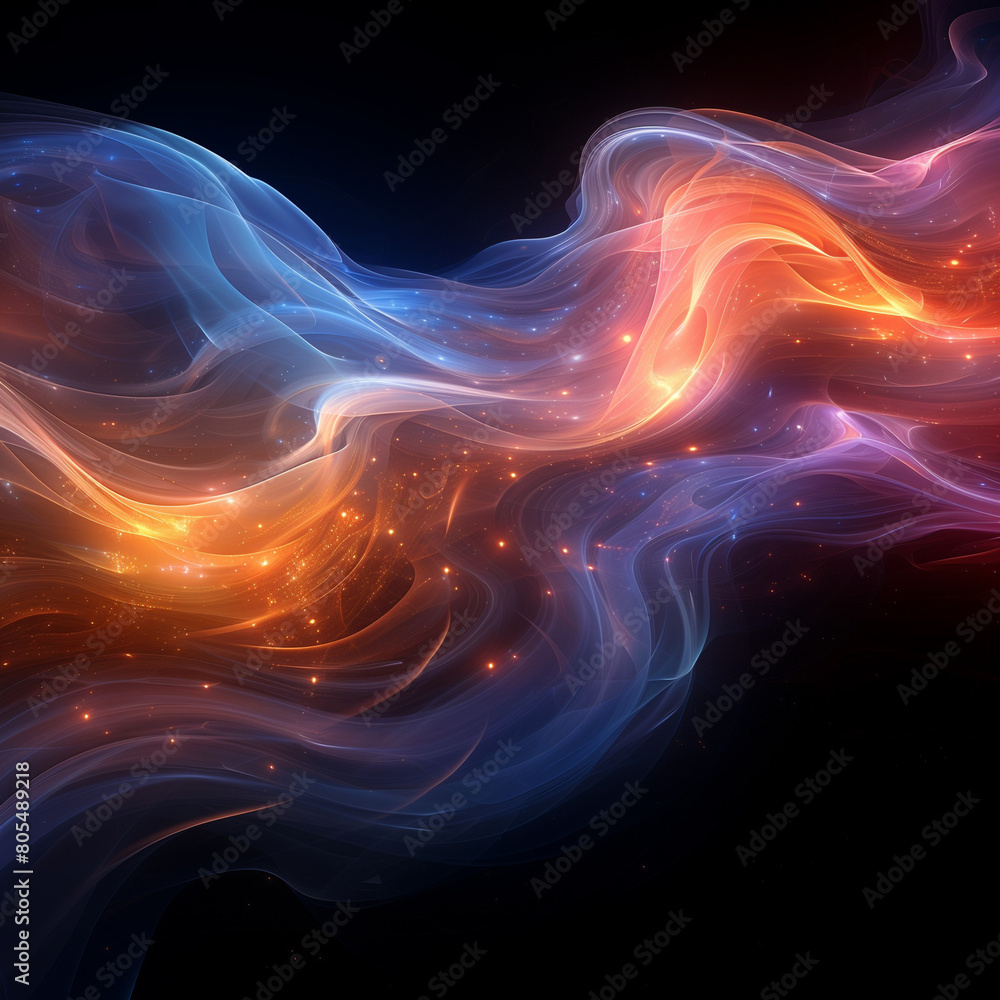 Fototapeta premium Glowing abstract background. Bright smooth luminous lines concept poster. Glowing smoke decorative banner. Digital raster bitmap illustration. AI artwork.