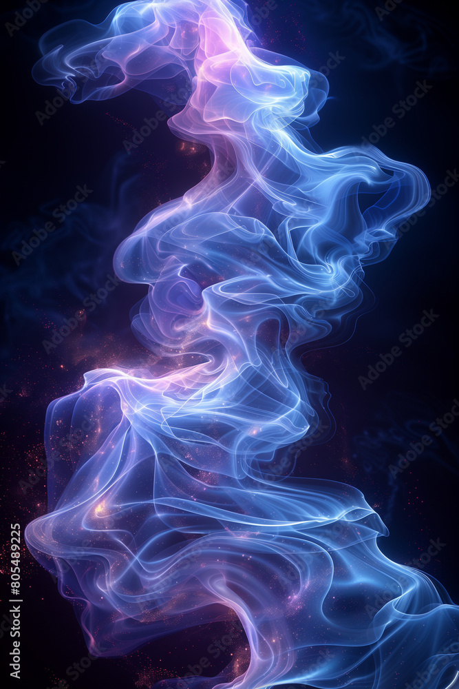 Glowing blue purple abstract background. Bright smooth luminous lines concept poster. Glowing smoke decorative vertical banner. Digital raster bitmap illustration. AI artwork. Glowing blue purple abstract background. Bright smooth luminous lines concept poster. Glowing smoke decorative vertical banner. Digital raster bitmap illustration. AI artwork.