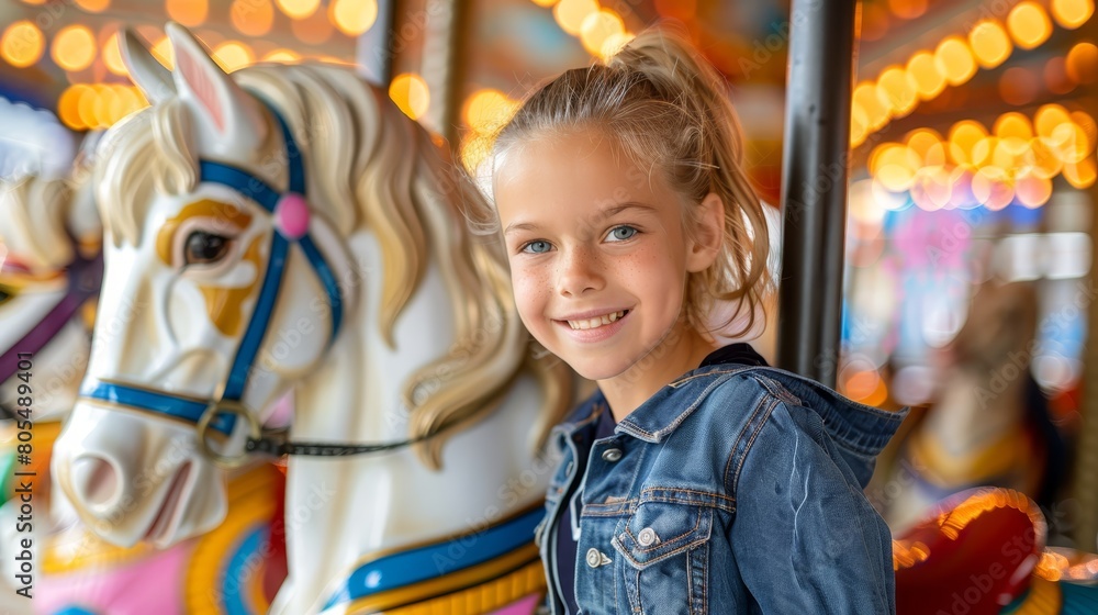   A little girl stands in front of a merry-go-round, with a horse on it Merry-go-round People wait, laughing, for their turn
