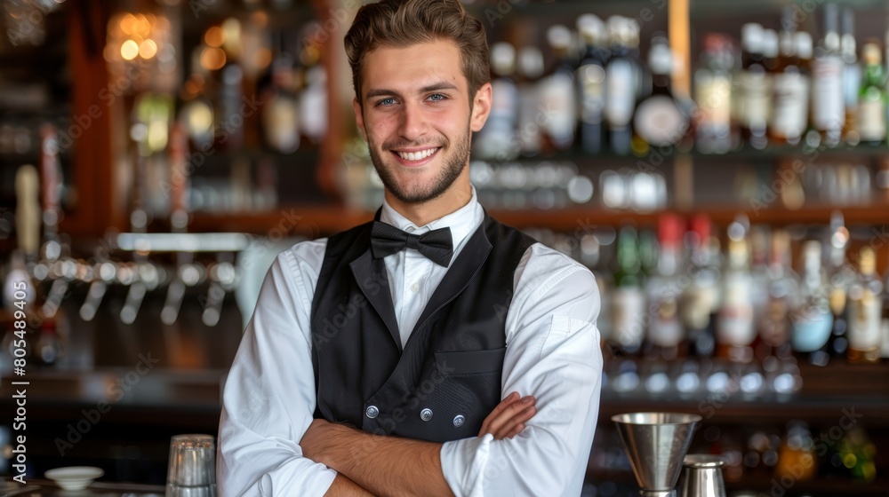 A man in a tuxedo, arms crossed, faces a bar filled with lined-up liquor bottles A man in a tuxedo, arms crossed, faces a bar filled with lined-up liquor bottles