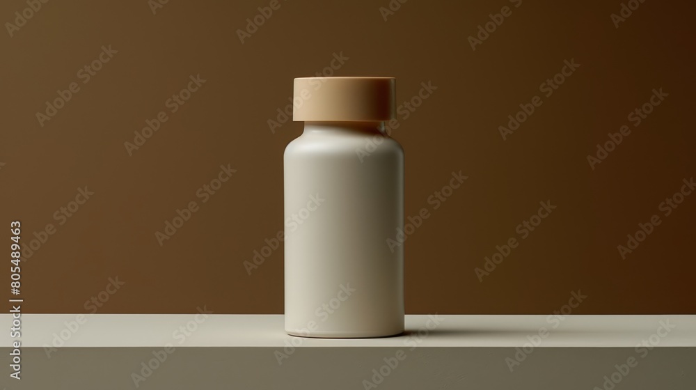 A white bottle with a browning cork topside, situated on a pristine table Nearby, a brown wall extends, while behind, another identical brown wall lies hidden A white bottle with a browning cork topside, situated on a pristine table Nearby, a brown wall extends, while behind, another identical brown wall lies hidden