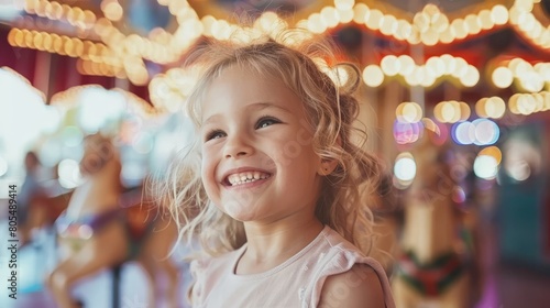   A little girl grins as she positions herself before a merry-go-round, its glowing lights forming a colorful backdrop © Jevjenijs