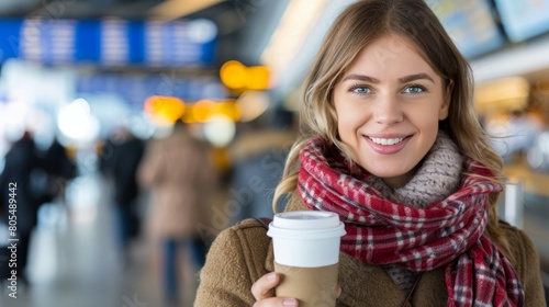   A woman in a scarf  cradling a cup of coffee  stands before a throng of people at the airport