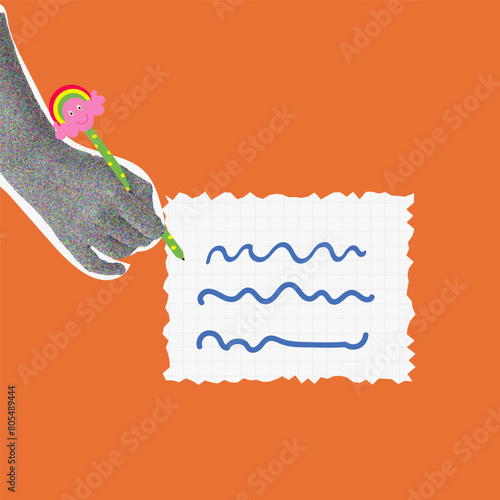 Halftone y2k Hand With Pen write a note on a sheet of notebook. Vector retro collage banner on  vibrant background