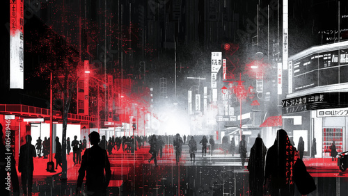 Neon Rain in Urban Streetscape - Artistic rendering of a city street under rain with neon lights reflecting on wet surfaces, featuring silhouetted figures.