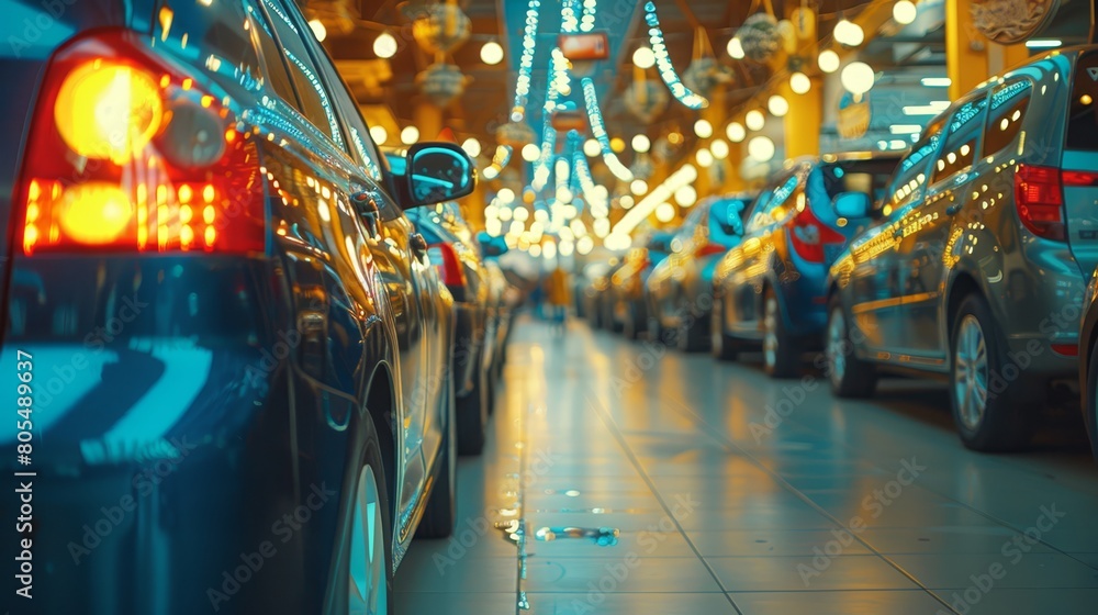   A row of parked cars lines the street before a building, adorned with Christmas lights suspended from its ceiling