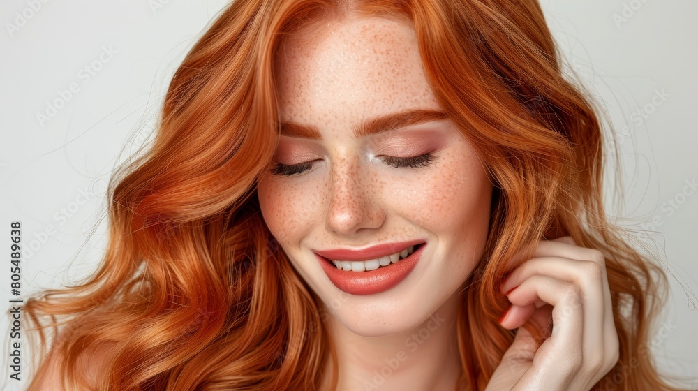 A close-up of a woman with red hair and freckled skin, wearing natural makeup that accentuates her freckles A close-up of a woman with red hair and freckled skin, wearing natural makeup that accentuates her freckles