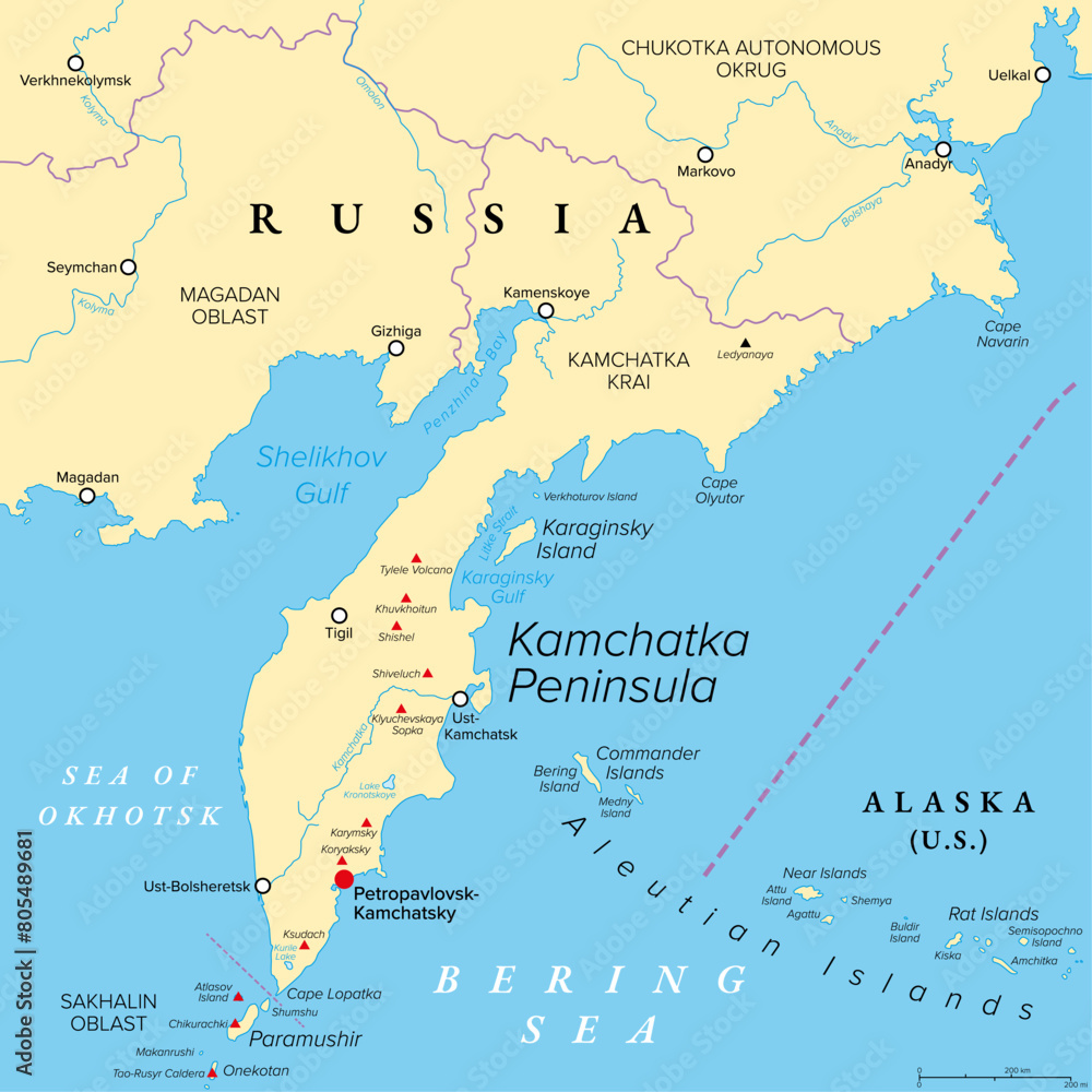 Obraz premium Kamchatka Peninsula, and the federal subject Kamchatka Krai of Russia, political map. Peninsula with numerous volcanoes between Bering Sea and Sea of Okhotsk. Offshore runs the Kuril-Kamchatka Trench.
