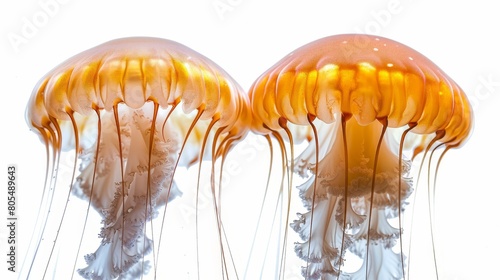   A cluster of orange jellyfish hovering above water, heads defied gravity photo