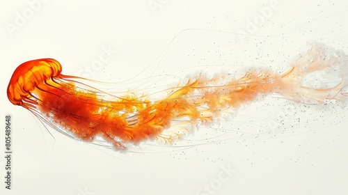   A tight shot of a jellyfish submerged in water  with tiny bubbles clinging to its lower bell arms