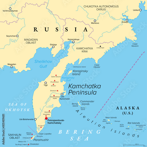 Kamchatka Peninsula, and the federal subject Kamchatka Krai of Russia, political map. Peninsula with numerous volcanoes between Bering Sea and Sea of Okhotsk. Offshore runs the Kuril-Kamchatka Trench.