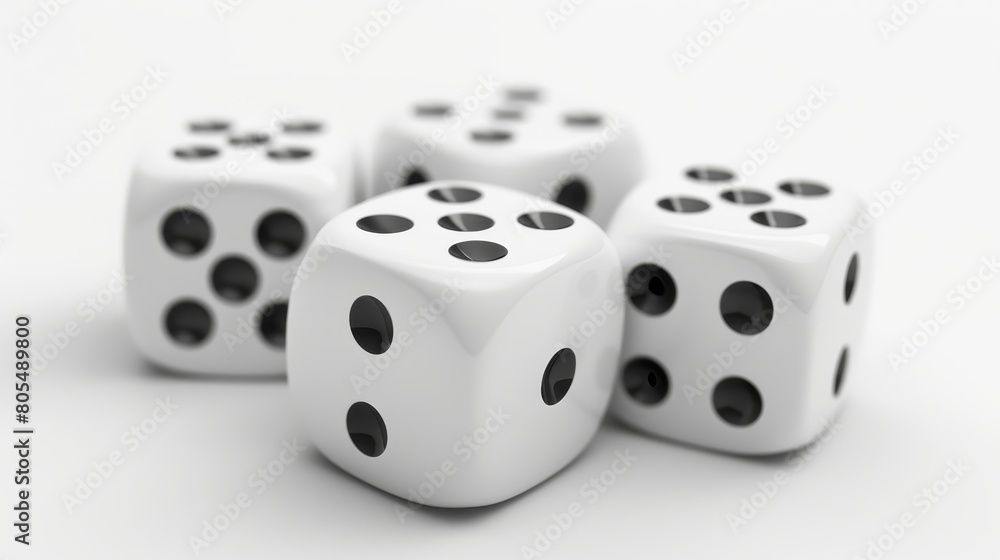 A collection of white dice, arranged together on a pristine white tabletop, features black dotted faces A collection of white dice, arranged together on a pristine white tabletop, features black dotted faces