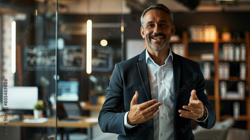 an man in a sleek, well-lit corporate office, hands lifted in a gesture of readiness an man in a sleek, well-lit corporate office, hands lifted in a gesture of readiness