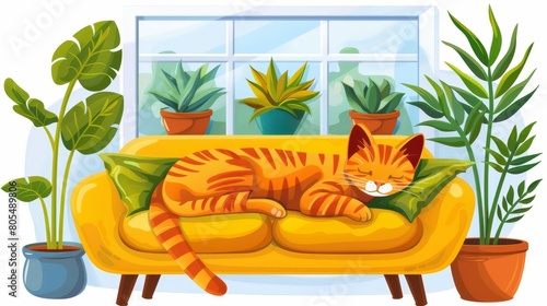  A cat naps on a couch before a window adorned with potted plants and a single houseplant