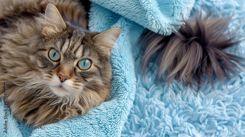  A fluffy cat sits atop a blue blanket, beside a plush ball of pom-poms