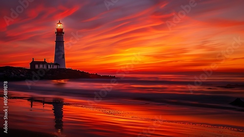 Witness the timeless elegance of a historic lighthouse standing sentinel against the backdrop of a fiery sunset, casting its guiding light over the sea. 
