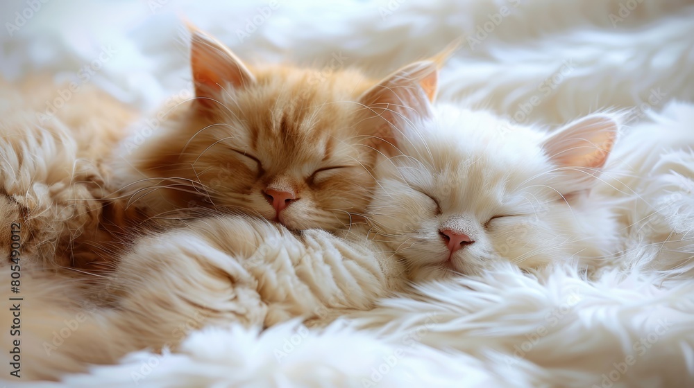   Two cats resting side by side on a fluffy white blanket atop a bed