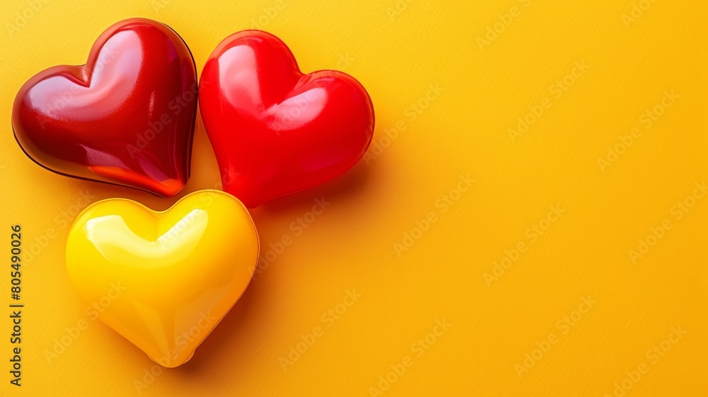 Three heart-shaped candies are placed on a yellow-red surface; one is red, the other yellow Three heart-shaped candies are placed on a yellow-red surface; one is red, the other yellow