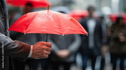   A person tightly grips a solitary red umbrella amidst a throng of individuals  each brandishing their own identical red parasols