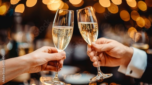   A tight shot of two individuals raising glasses of champagne toward each other  framed by a bouquet of lit candles