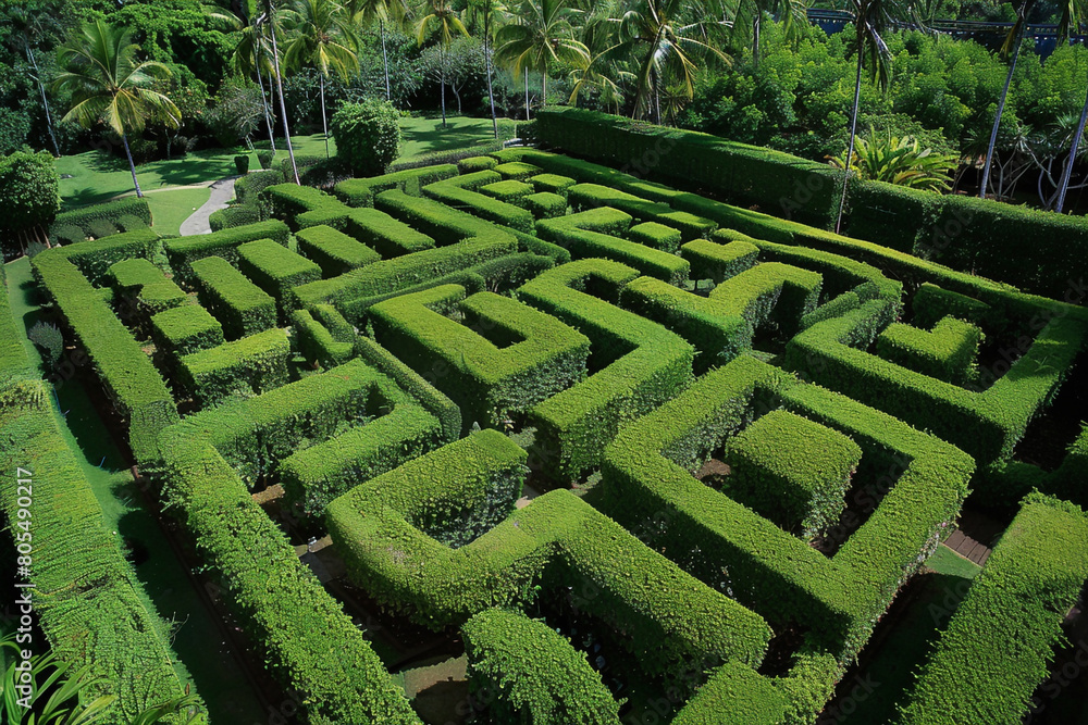A green maze garden, viewed from above, with hedges trimmed to perfection, creating a complex pattern of paths and dead-ends, 