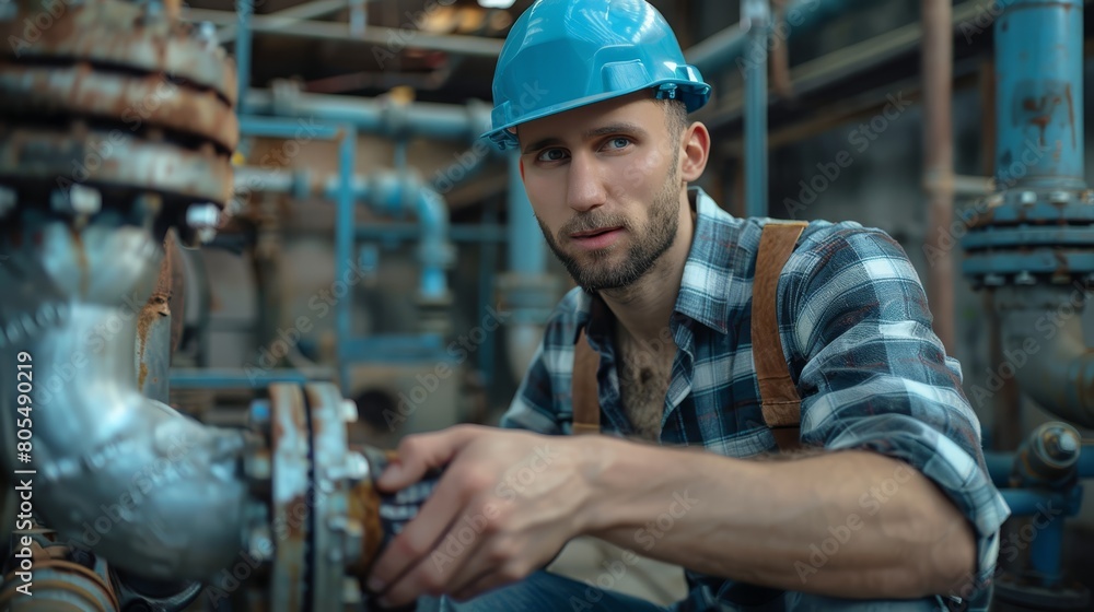   A man in hard hat and overalls works on a pipe amidst industrial background of pipes