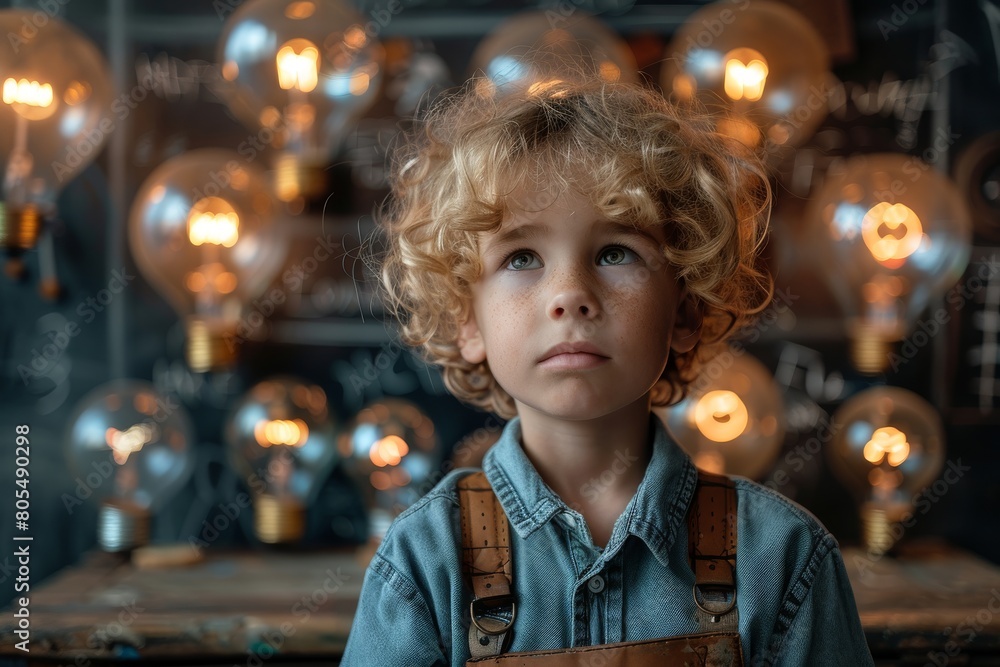 A contemplative young boy is surrounded by glowing vintage light bulbs, creating a mood of inquiry and creativity A contemplative young boy is surrounded by glowing vintage light bulbs, creating a mood of inquiry and creativity