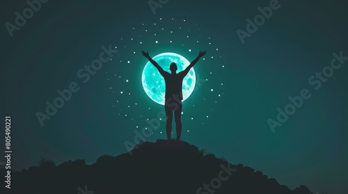  Person atop hill, arms raised, before full moon backdrop