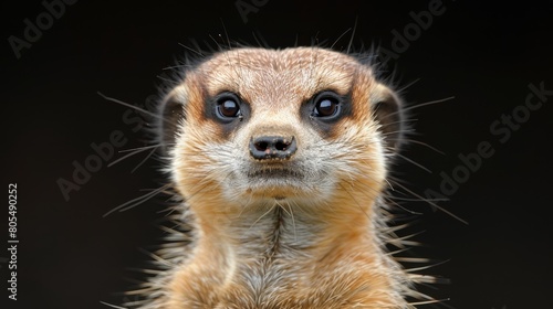  A tight shot of a meerkat's face gazing into the camera against a black backdrop