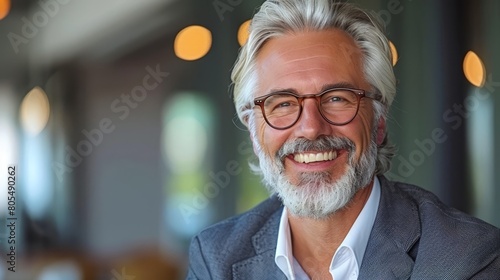  A tight shot of a bearded man in a suit and glasses, sporting a warm smile