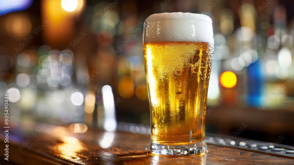 A beerglass on a wooden table, near a computer keyboard; background features a bar A beerglass on a wooden table, near a computer keyboard; background features a bar