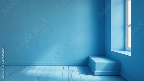   A room boasts a blue wall  a white bench in its corner  and a window gracing the side of the wall