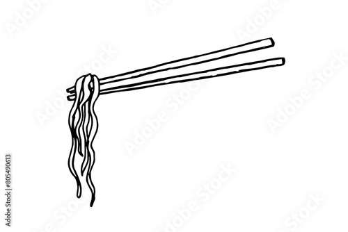 Wok noodles on sticks. Vector doodle illustration of food isolated on white background.