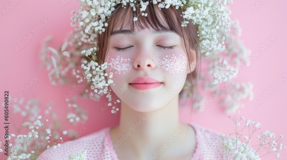   A woman wearing a flower crown and having white flowers in her hair with closed eyes