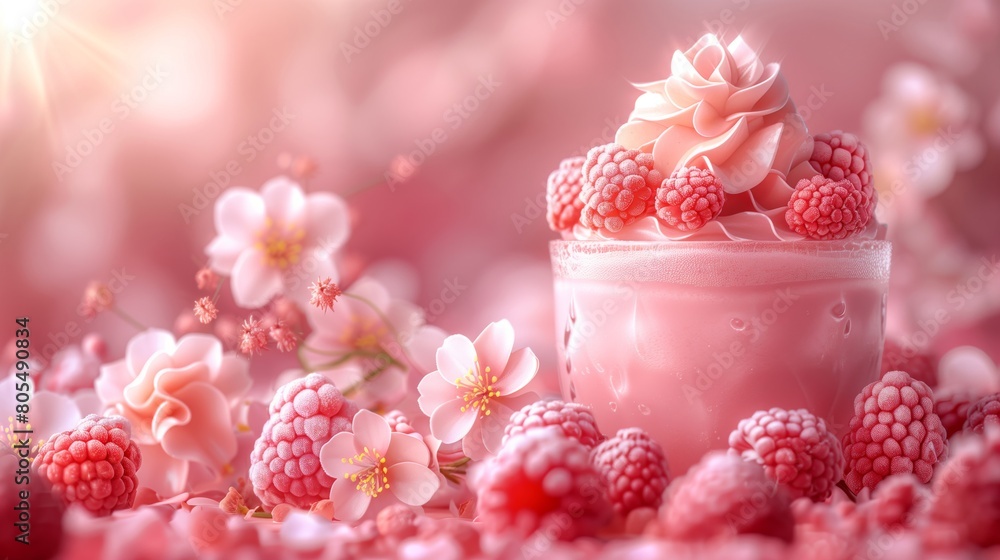 Whimsical composition featuring pink yogurt ice cream topped with cream. Raspberries. And strawberries. Set in a magical. Fluffy pink landscape surrounded by delicate flowers Whimsical composition featuring pink yogurt ice cream topped with cream. Raspberries. And strawberries. Set in a magical. Fluffy pink landscape surrounded by delicate flowers
