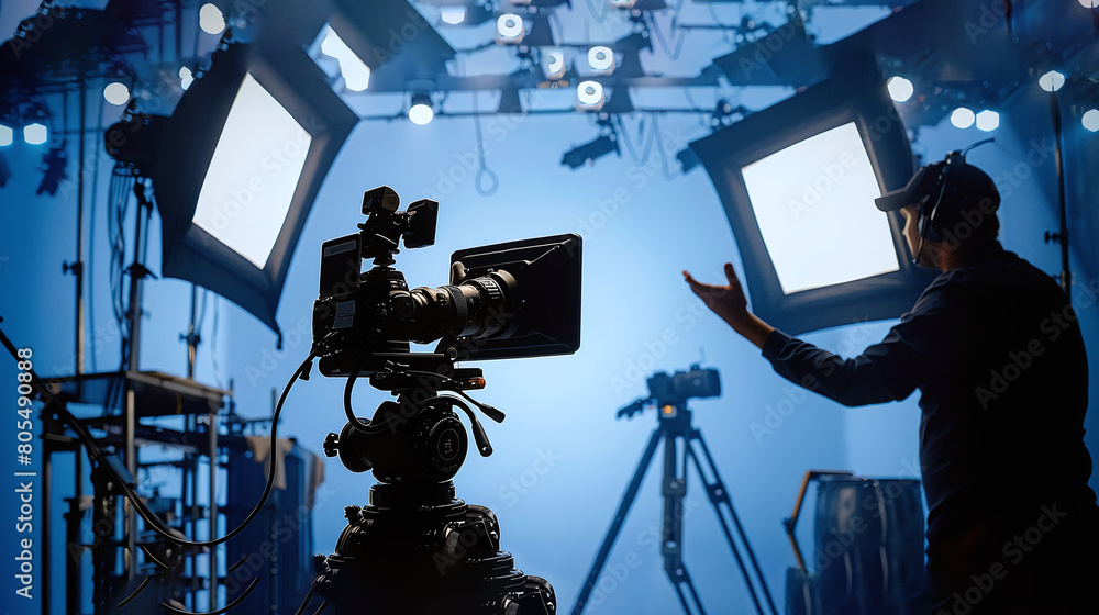 Video or film production studio. Professional movie camera and filming equipment. Light, camera, action. Blue overall lighting.