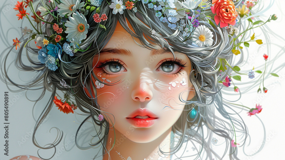 masterpiece of art with this stunning high-detail painting of an anime woman with grey and white colorful flower hair. isolated on white backdrop. masterpiece of art with this stunning high-detail painting of an anime woman with grey and white colorful flower hair. isolated on white backdrop.