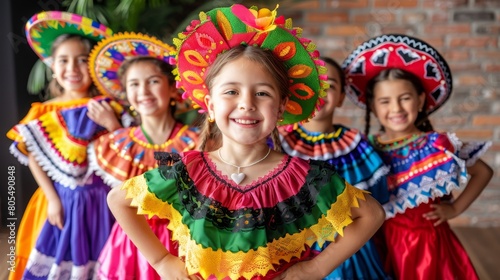  A cluster of young girls in vibrant dresses and donning sombreros stand together