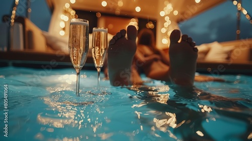   A woman reclines by the pool, sipping champagne with her feet elegantly perched on its edge photo